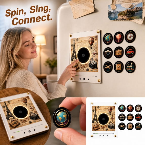 Christmas Fridge Magnet Music Player Set with 9 Vinyl Style Discs and USB C, Mini Vinyl Record Player-Inspired Magnetic Music Box with 9 NFC Discs and Phone-Free Playback.