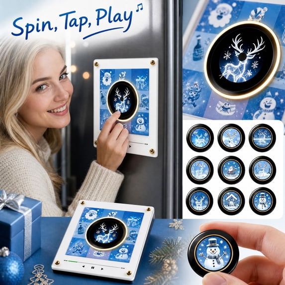 Christmas Fridge Magnet Music Player Set with 9 Vinyl Style Discs and USB C, Mini Vinyl Record Player-Inspired Magnetic Music Box with 9 NFC Discs and Phone-Free Playback.
