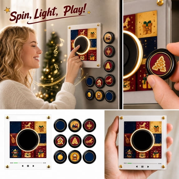 Christmas Fridge Magnet Music Player Set with 9 Vinyl Style Discs and USB C, Mini Vinyl Record Player-Inspired Magnetic Music Box with 9 NFC Discs and Phone-Free Playback.