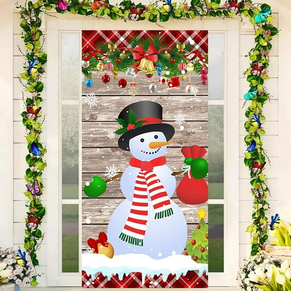 Christmas Front Door Cover, Cebalnir Snowman Door Cover Banner Merry Christmas Door Hanging Backdrop Decorations for Home Indoor Outdoor Winter Holiday Party Decor, 70.9 x 35.4 Inch
