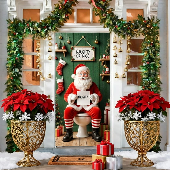 ‌Christmas Front Door Cover Christmas Tree Door Cover Holiday Decoration,70.87in x 35.43in,Farmhouse Style,Waterproof,for Outdoor Porch,Home office,Party,Xmas Decor‌