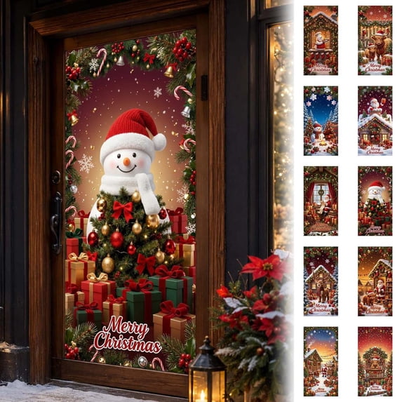 Christmas Front Door Cover Elastic, 35 * 71'' Door Decorations for Christmas Festive Party Home Decor,Snowman,35.4 × 70.87 in