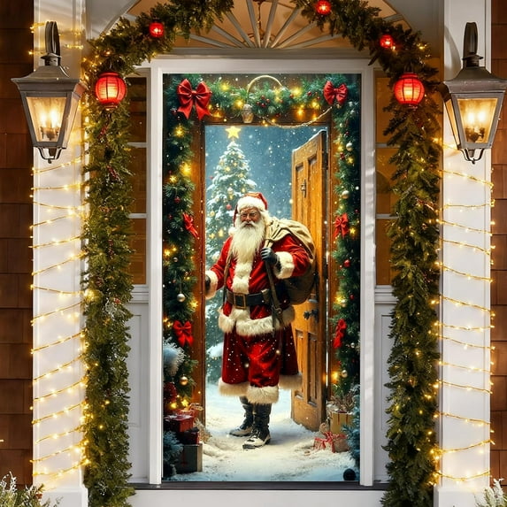 Sahpxhe Christmas Front Door Cover with Santa Claus Pattern, Delicate Christmas Door Cover for Christmas Decorations 70.87×35.43Inch Multicolor