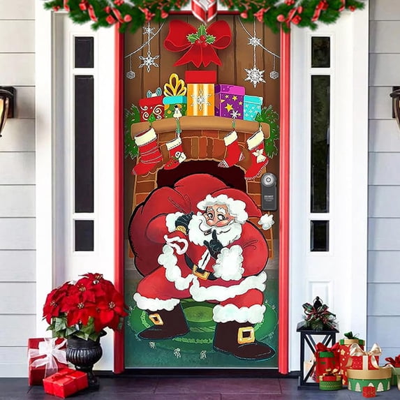 Christmas Front Door Decoration, Christmas Elastic Fabric Door Covers, Christmas Stretch Door Cover, Door Porch Covers for Home Party Holidays Decoration, 35x79 In