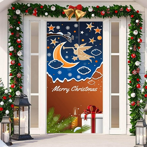 Christmas Front Door Decoration Hanging Cloth Christmas Door Cover Photo Backdrop Holiday Decoration Restroom Porch Sign Banner New Year Supplies