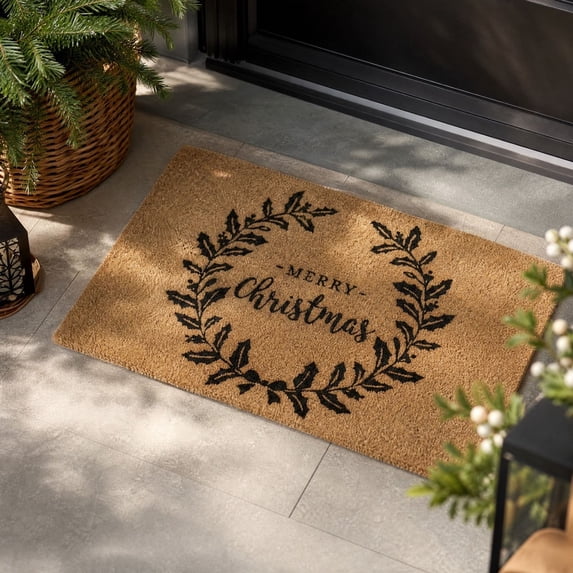 Christmas Front Door Doormat, Holly Wreath Printed Holiday Entryway Rug, Non‑Slip Floor Mat For Porch Entry Indoor Seasonal Home Decor, 45x75cm