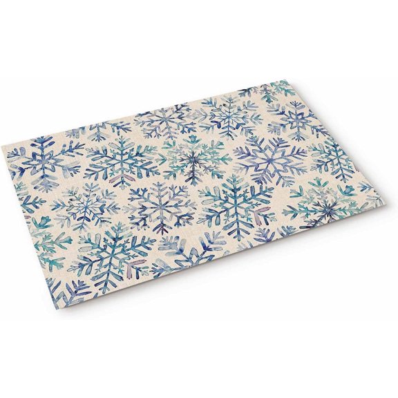 Christmas Front Door Mat Indoor Entrance 16x24 Inch Blue Retro Snowflake Absorbent Doormat for Bathroom Garage Kitchen Entry Back Washable