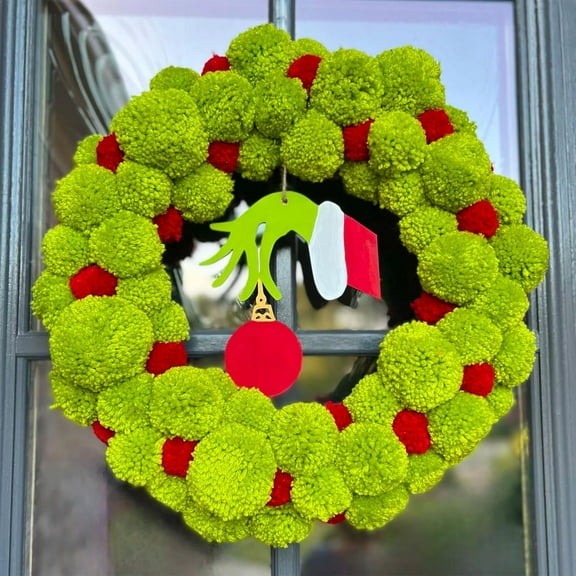 Christmas Front Door Wreath Green Pom-pom Wreath Cute Wooden Green Elf Hand Christmas Wreath Decorations Indoor Outdoor (Green, 33cm/13.2inch)