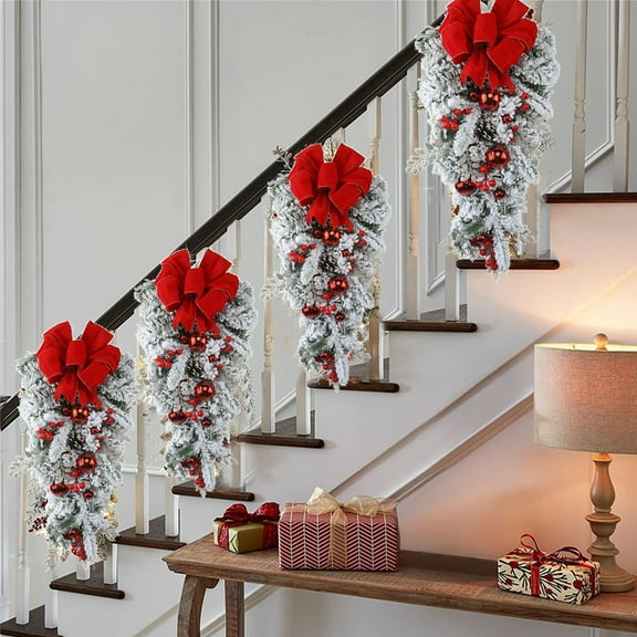 Christmas Front Door Wreath, Red Decorations for Stairs Mantel, PVC Material Durable Reusable, Easy to Hang Versatile, Indoor Outdoor Holiday Decor