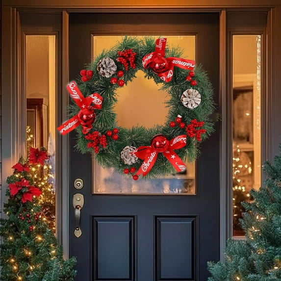 Christmas Front Door Wreath, Winter Holiday Floral Garland with Pine Cones Cotton and Red Berries, Durable Hanging Decoration for Indoor Outdoor Wall Window Home Party Decor