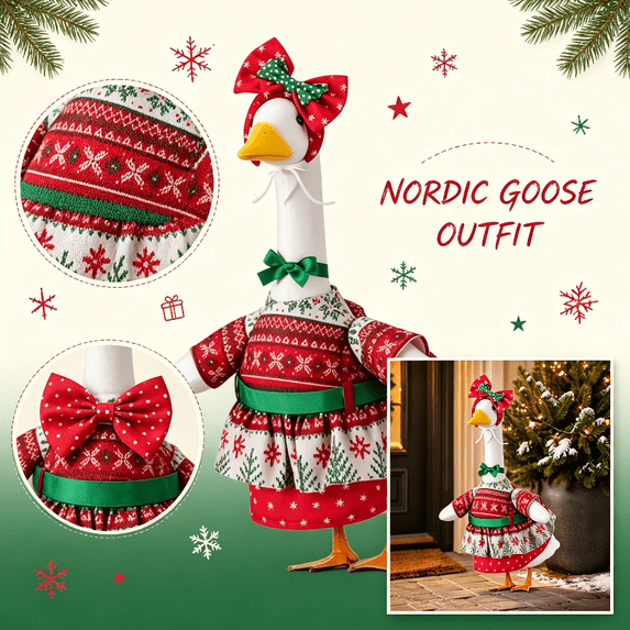 Christmas Front Porch Goose Outfit, Nordic Snowflake Printed Dress with Bow Accessory for 19 Inch Concrete Goose Statue Patio Yard Decor