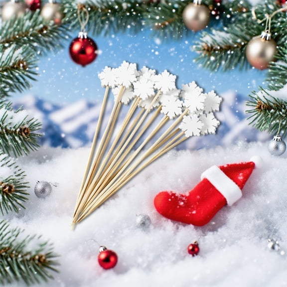 Christmas Fruit Picks White Tree Snowflake Design | Bamboo Disposable Cocktail Sticks | Holiday Drink Stirrers | Eco-Friendly Decorative Picks | 100 Pack | 20x12x3cm