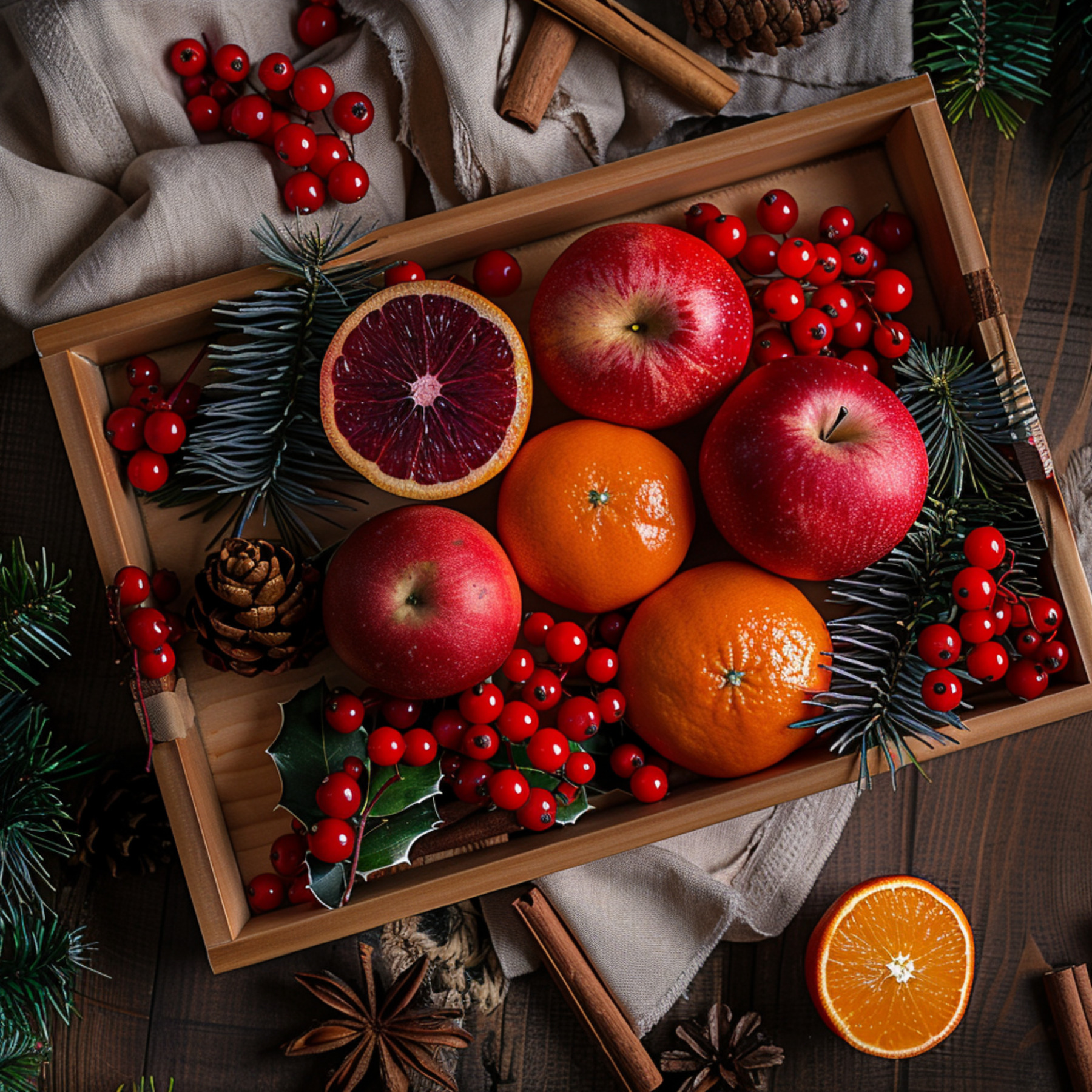 Christmas Fruit and Spice Shower Curtain Oranges Apples Berries