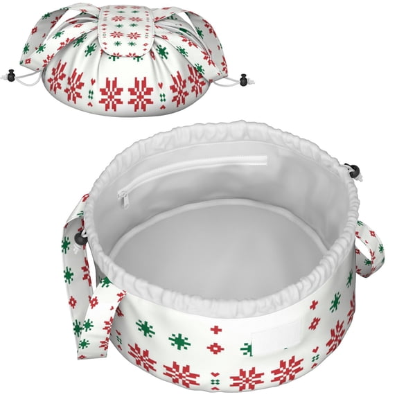 Christmas Full Print Drawstring Cosmetic & Makeup Bag – Large Portable Makeup Organizer with Inner Zipper Pocket & Mesh Compartment, Travel Toiletry Bag for Women, Xmas Style