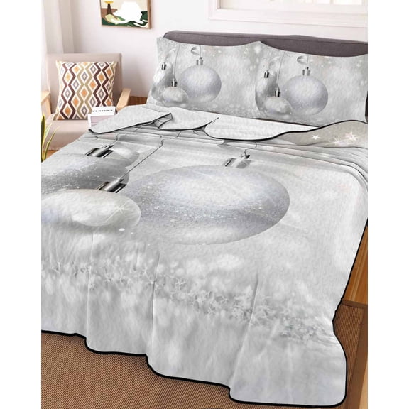 Christmas Full Size Down Alternative Comforter, Lightweight Comforter Quilt Bedding Set with Pillow Shams Xmas Silver Balls Glitter Sparkle Stars All Seasons Bed Comforter Duvet Insert 78"x90"