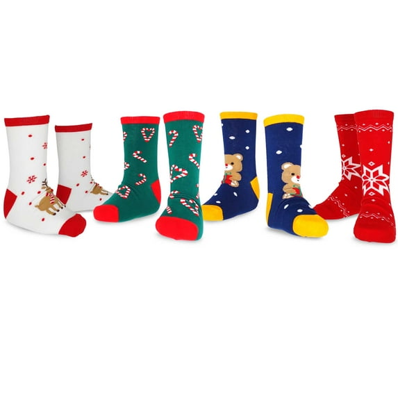 Christmas Fun Novelty Socks for Big Kids Girls Boys Cotton Crew Socks 4-Pair (9-10 Years, Teddy Bear-Candy Cane-Reindeer)