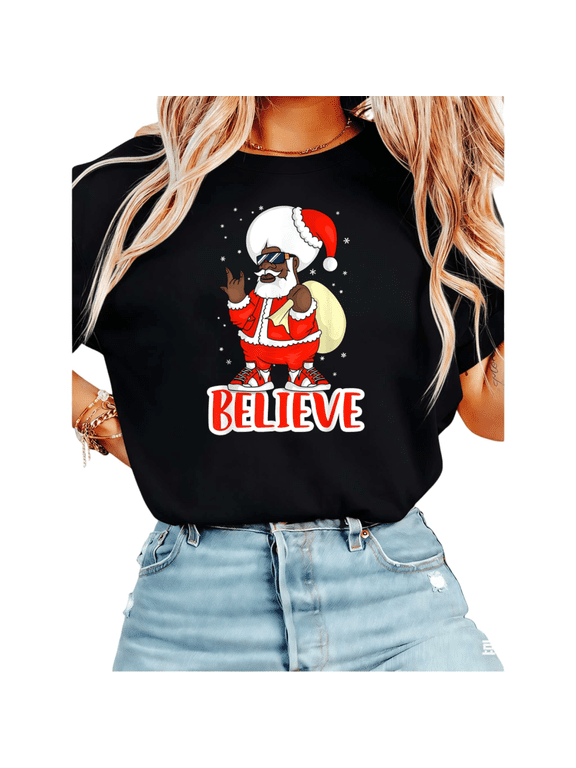 Christmas Funny Black Letter Santa Graphic Cotton and Casual Tee T Shirt Top Short Sleeve Round Neck Black S-5XL