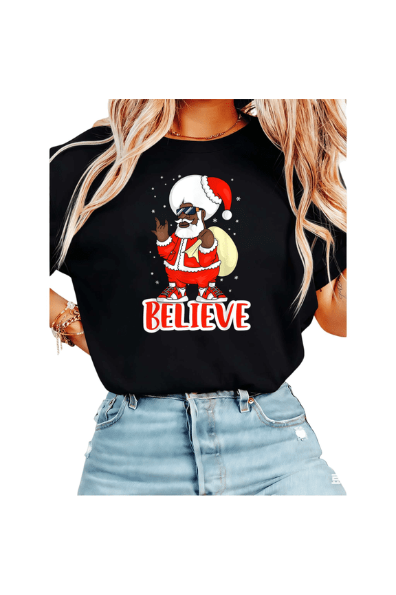 Christmas Funny Black Letter Santa Graphic Cotton and Casual Tee T Shirt Top Short Sleeve Round Neck Black S-5XL