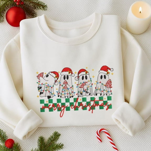 Christmas Funny Ghost And Gingerbread Embroidered Shirt, Merry Christmas Embroidered Sweatshirt, Merry And Bright Design, Winter Gift
