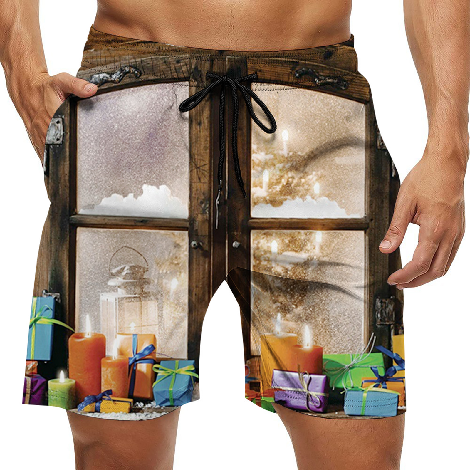 Christmas Funny Swim Trunks Men's,Snow Weather Rustic Style Window
