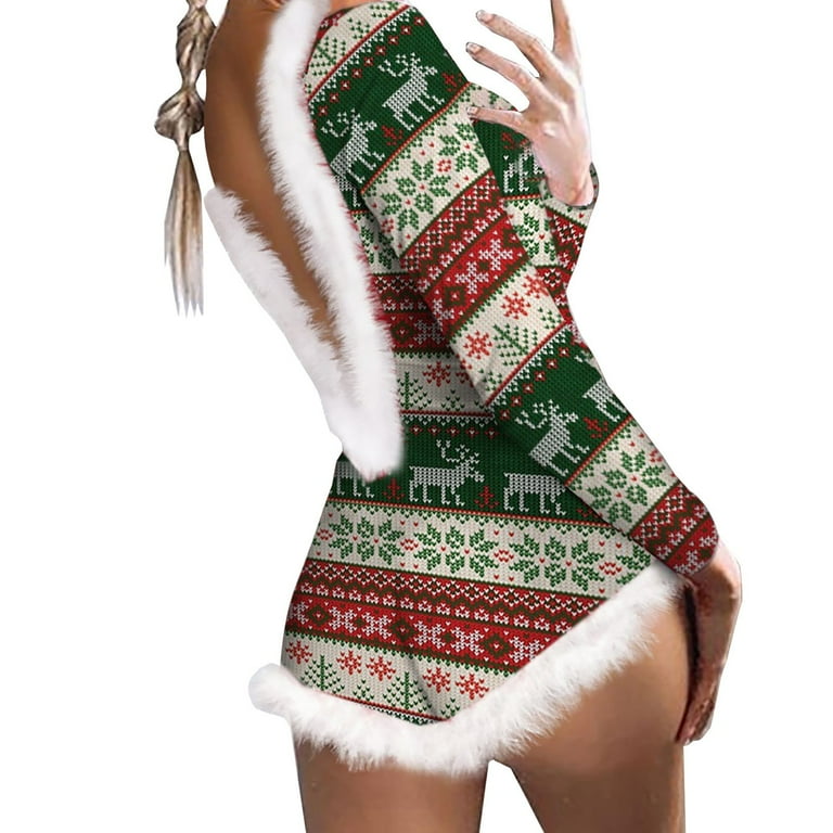 Christmas Furry Onesie for Women Sexy Backless One Piece Pajamas Winter Fuzzy Trim Adult Romper Shorts Sleepwear Walmart