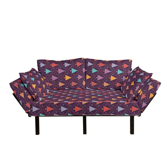Christmas Futon Couch, Colorful Triangle Trees in Pots with Patterns Rhombus Celebration, Daybed with Metal Frame Upholstered Sofa for Living Dorm, Loveseat, Multicolor, by Ambesonne
