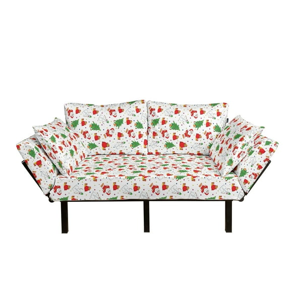 Christmas Futon Couch, Xmas Santa Claus Tree on Colorful Polka Dot Backdrop Surprise Boxes Art, Daybed with Metal Frame Upholstered Sofa for Living Dorm, Loveseat, Green and Red, by Ambesonne