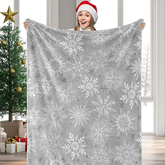 Christmas Fuzzy Blanket 60 x 50 Inch Grey White Snowflake Throw Blanket for Winter Holiday Home Chair Sofa Couch Bed