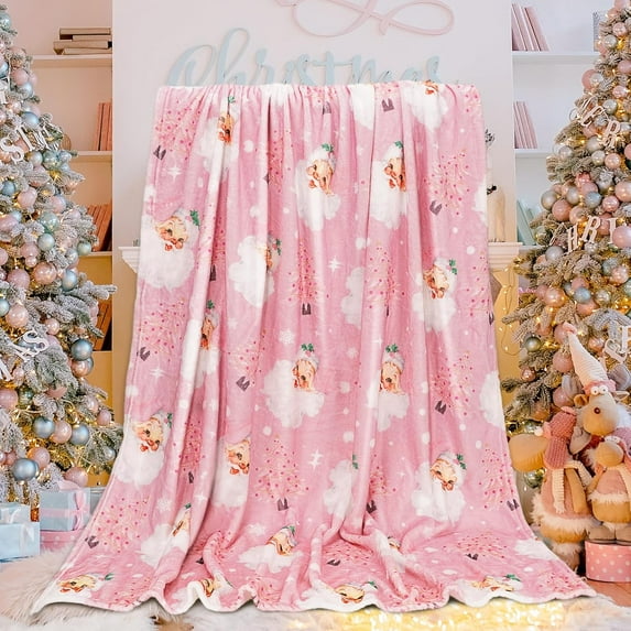 Christmas Fuzzy Blanket 60 x 50 Inch Pink Santa Clause Xmas Tree Throw Blanket Soft Warm Winter Blanket for Home Chair Sofa Couch Bed