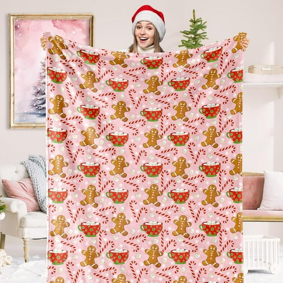 Christmas Fuzzy Blanket Gingerbread Man Candy Cane Throw Blanket Pink Cozy Flannel Blanket for Xmas Winter Home Bed Sofa Couch Chair, 50 x 60 Inch