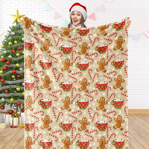 Christmas Fuzzy Blanket Gingerbread Man Candy Cane Throw Blanket Pink Cozy Flannel Blanket for Xmas Winter Home Bed Sofa Couch Chair, 50 x 60 Inch