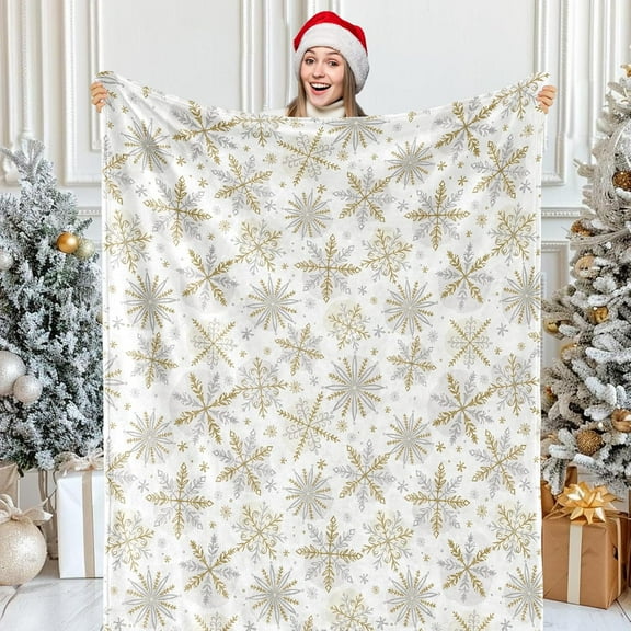 Christmas Fuzzy Blanket Gold Silver Snowflake Throw Blanket Winter Xmas Soft Cozy Flannel Blanket for Home Party Bed Sofa Couch, 50 x 60 Inch