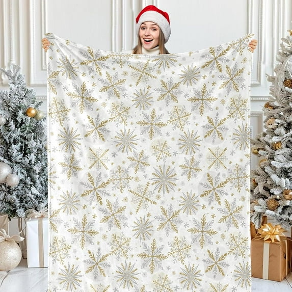 Christmas Fuzzy Blanket Gold Silver Snowflake Throw Blanket Winter Xmas Soft Cozy Flannel Blanket for Home Party Bed Sofa Couch, 50 x 60 Inch