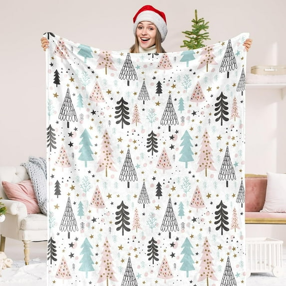 Christmas Fuzzy Blanket Pastel Xmas Tree Throw Blanket 50 x 60 Inch Blue Pink Forest Blanket for Winter Home Chair Sofa Couch Bed