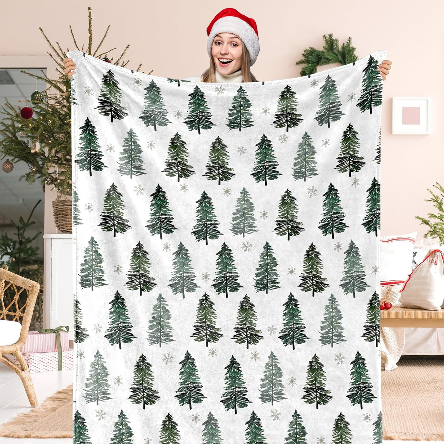 Christmas Fuzzy Blanket Watercolor Forest Throw Blanket 50 x 60 Inch