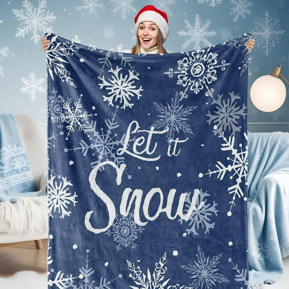 Christmas Fuzzy Blanket Winter Snowflake Blue Throw Blanket Let it Snow Soft Cozy Flannel Blanket for Xmas Home Party Bed Sofa Couch, 50 x 60 Inch