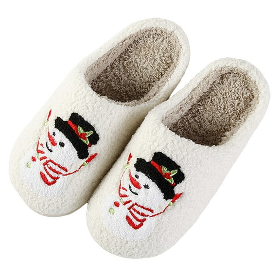 Christmas Fuzzy Slippers for Women Men Funny Print Matching House Shoes Furry Lined Winter Warm Anti-Slip Bedroom Slides Black 6.5
