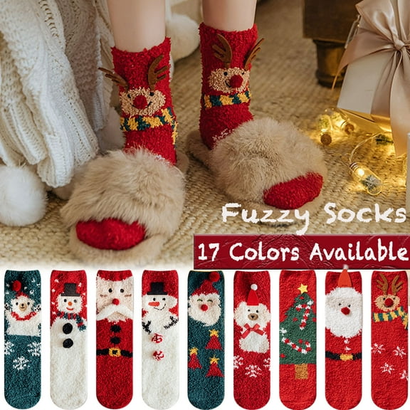 Christmas Fuzzy Socks Colorful Cozy Fluffy Christmas Socks Xmas Holiday Winter Warm Soft Slipper Socks for Women Festive Gift
