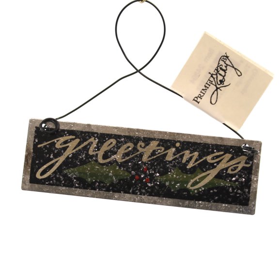 Christmas Greetings Plaque Metal Holidays Holly Glittered Tie-On 24894