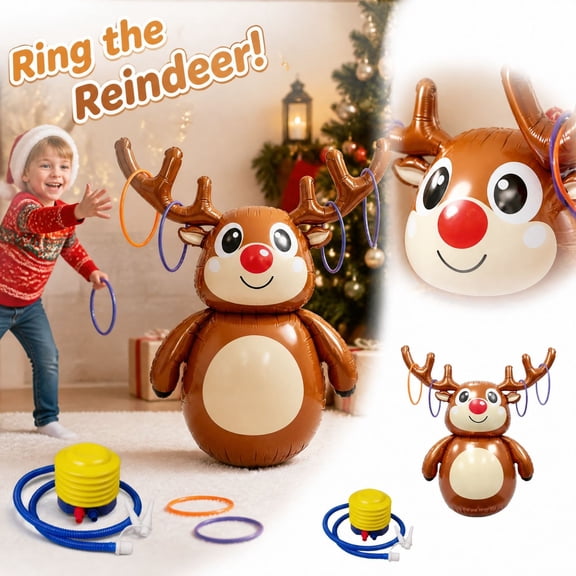 Christmas Games for Family Party, Inflatable Deer Ring Toss Game Set, Reindeer Games Toy with Foot Pump, Holiday Yard
