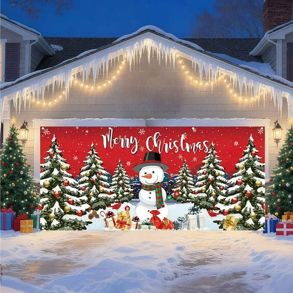 Christmas Garage Backdrop Banner 157x70.8in, Large Polyester Hanging Background Cloth with Rope for Holiday Party Photo Booth Wall Decor, Xmas Photography Prop