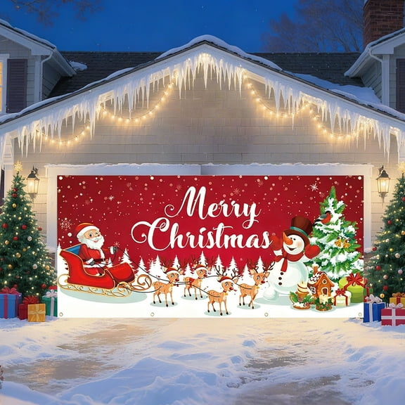 Christmas Garage Backdrop Banner 157x70.8in, Large Polyester Hanging Background Cloth with Rope for Holiday Party Photo Booth Wall Decor, Xmas Photography Prop