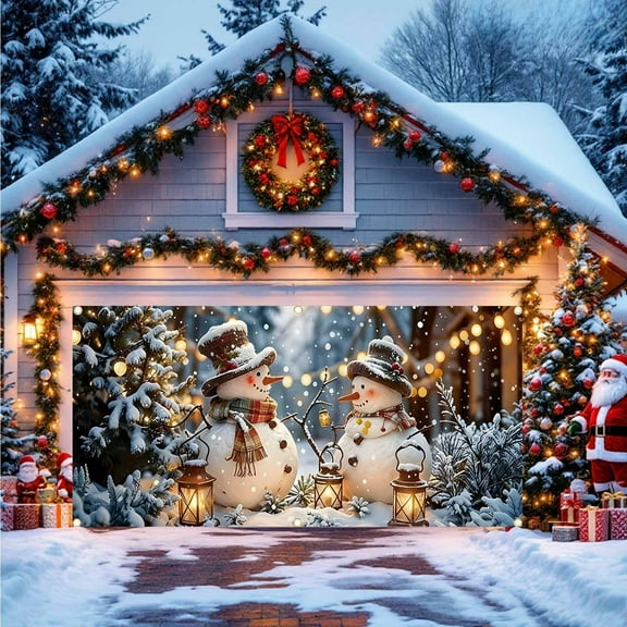 Christmas Garage Backdrop Cloth 157x70.8in – Large Polyester Christmas Background Banner for Wall or Outdoor Decoration, Photography Prop with Hanging Rope