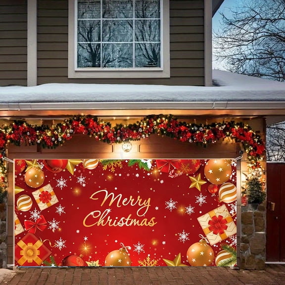 Christmas Garage Background Cloth Christmas Garage Door Decoration for Garage Photography and Party Decor, Wrinkle-Resistant Backdrop for Holiday Scenes and Festive Events,708"×157"(B)