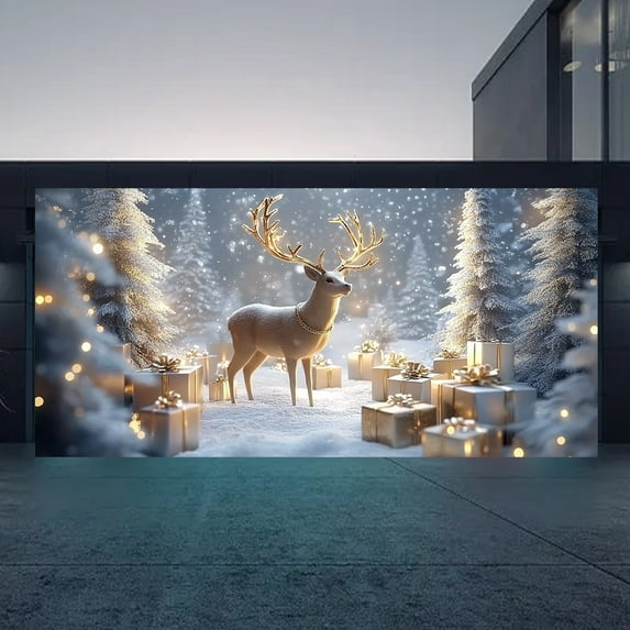 Christmas Garage Door Backdrop,16 x 7FT Christmas Garage Door Banner,Christmas Garage Door Cover with Elk Christmas Tree Gifts,Christmas Background Decor for Garage Wall Door