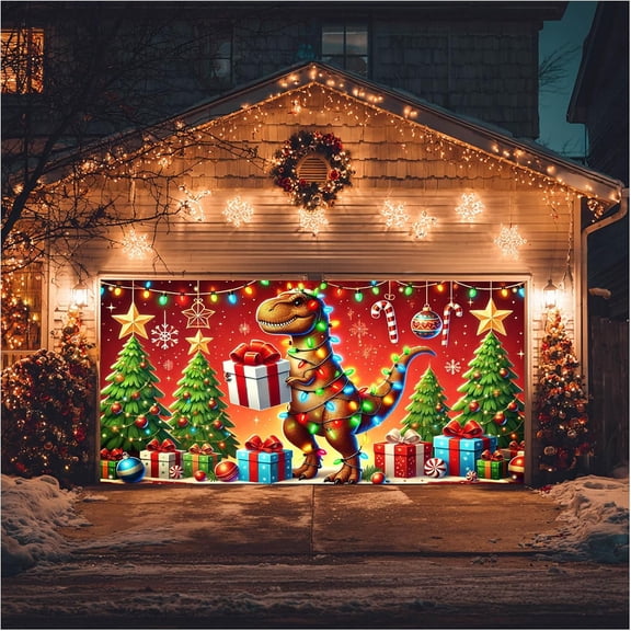 Christmas Garage Door Banner 13x6ft T-Rex Dinosaur Christmas Backdrop for Outside Inside Winter Banners Xmas Garage Door Cover Garage Wall Decoration for Dinosaur Party Garage Decorations