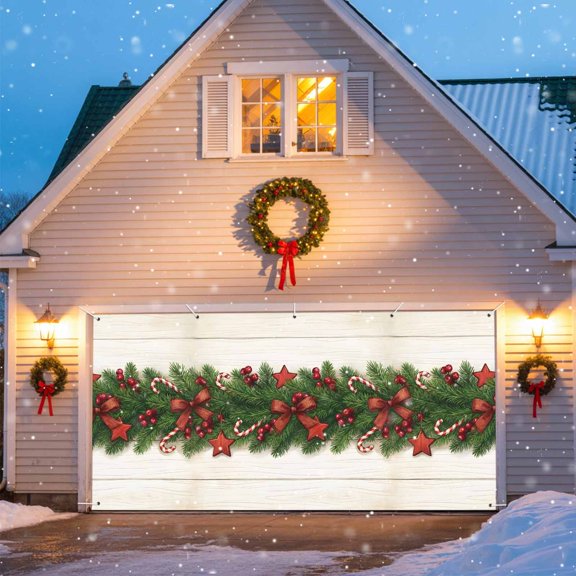 Christmas Garage Door Banner 6.9x16 Ft, Xmas Botanical Stars Gifts Berry Wooden Winter Outdoor Garage Door Cover for Holiday Party, Large Hanging Banner Backdrop Decoration Wall Decor Flag