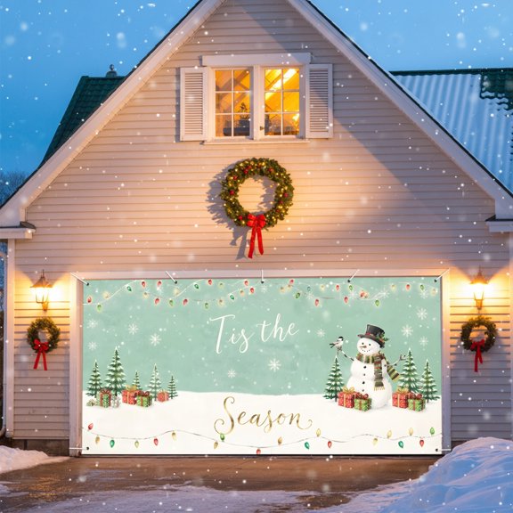 Christmas Garage Door Banner 6.9x8 Ft, Green Snowman Gift Pine Tree Bird Snowflake Outdoor Garage Door Cover for Holiday Party, Hanging Banner Backdrop Decoration Wall Decor Flag