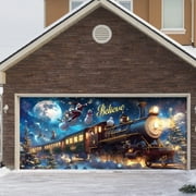 Christmas Garage Door Banner 7x16 ft, Vintage Believe Train Garage Door Cover with Polar Express Santa, Large Outdoor Wall Decor for Xmas Eve Holiday Backdrop