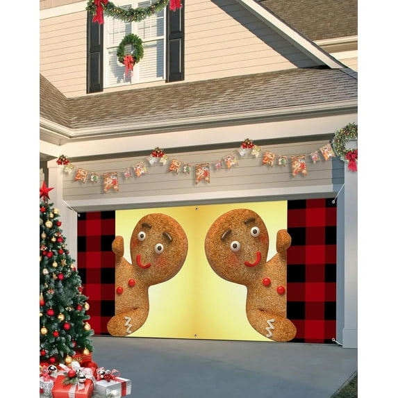 Christmas Garage Door Banner Cover 6 x 13 ft, Christmas Gingerbread Man on Red Black Plaid Christmas Garage Door Decorations Holiday Christmas Backdrop Decor for Winter New Year Xmas Party